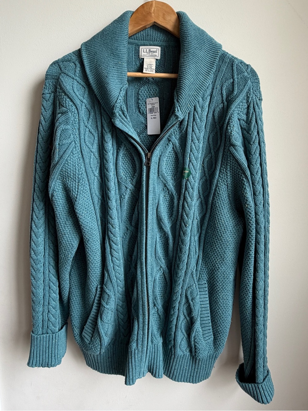 LL Bean Organic Cotton Heritage Fisherman Full Zip Cable Knit Womens XL New